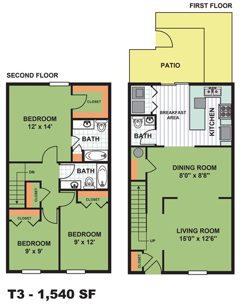 Floor plan for 3 beds, 2.5 baths, 1540 sqft
